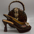 Chocolate Ember Crystal Wedge Set - Italian Shoe and Bag Set - Classic Shoes London