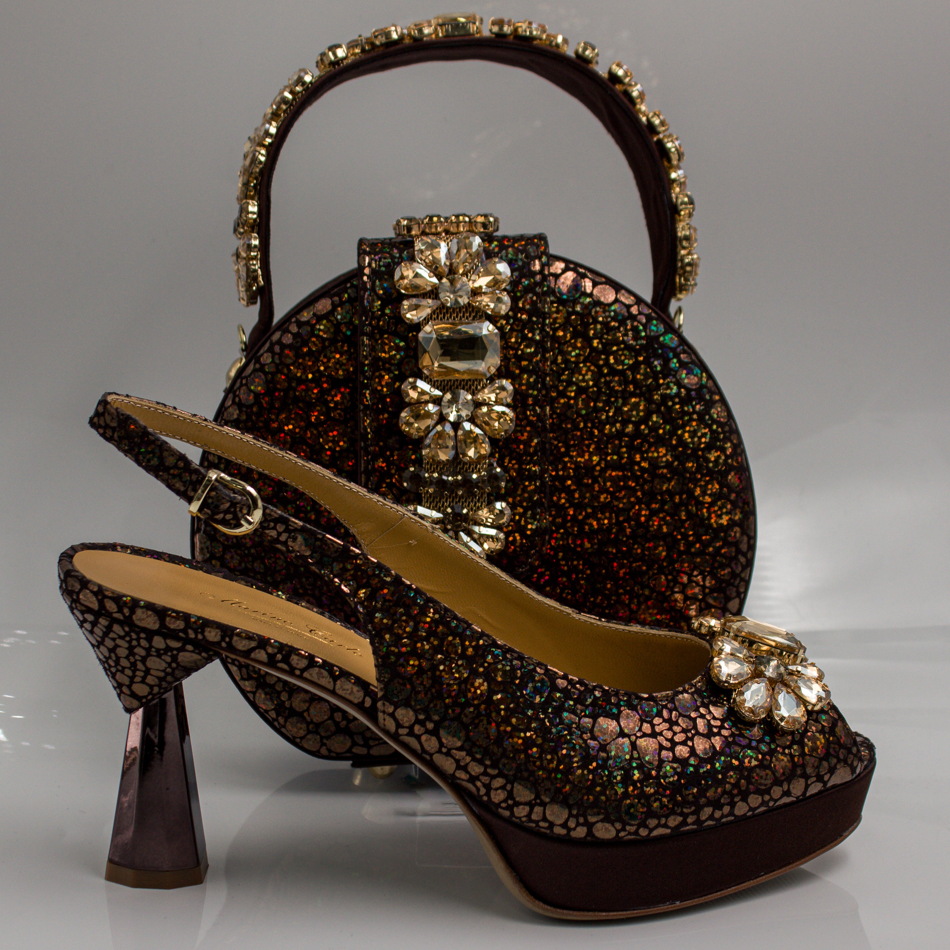 Chocolate Ember Crystal Wedge Set - Italian Shoe and Bag Set - Classic Shoes London