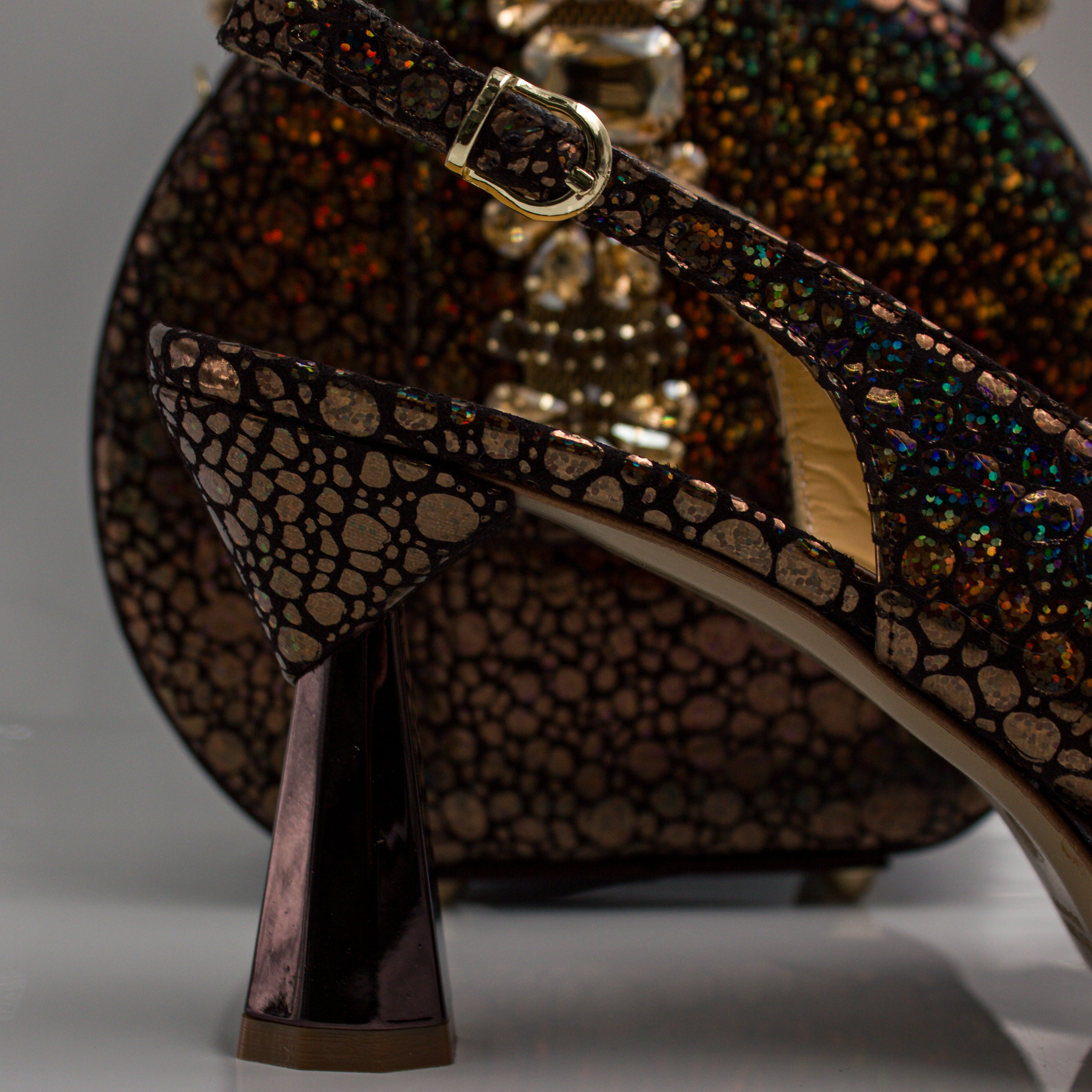 Chocolate Ember Crystal Wedge Set - Italian Shoe and Bag Set - Classic Shoes London
