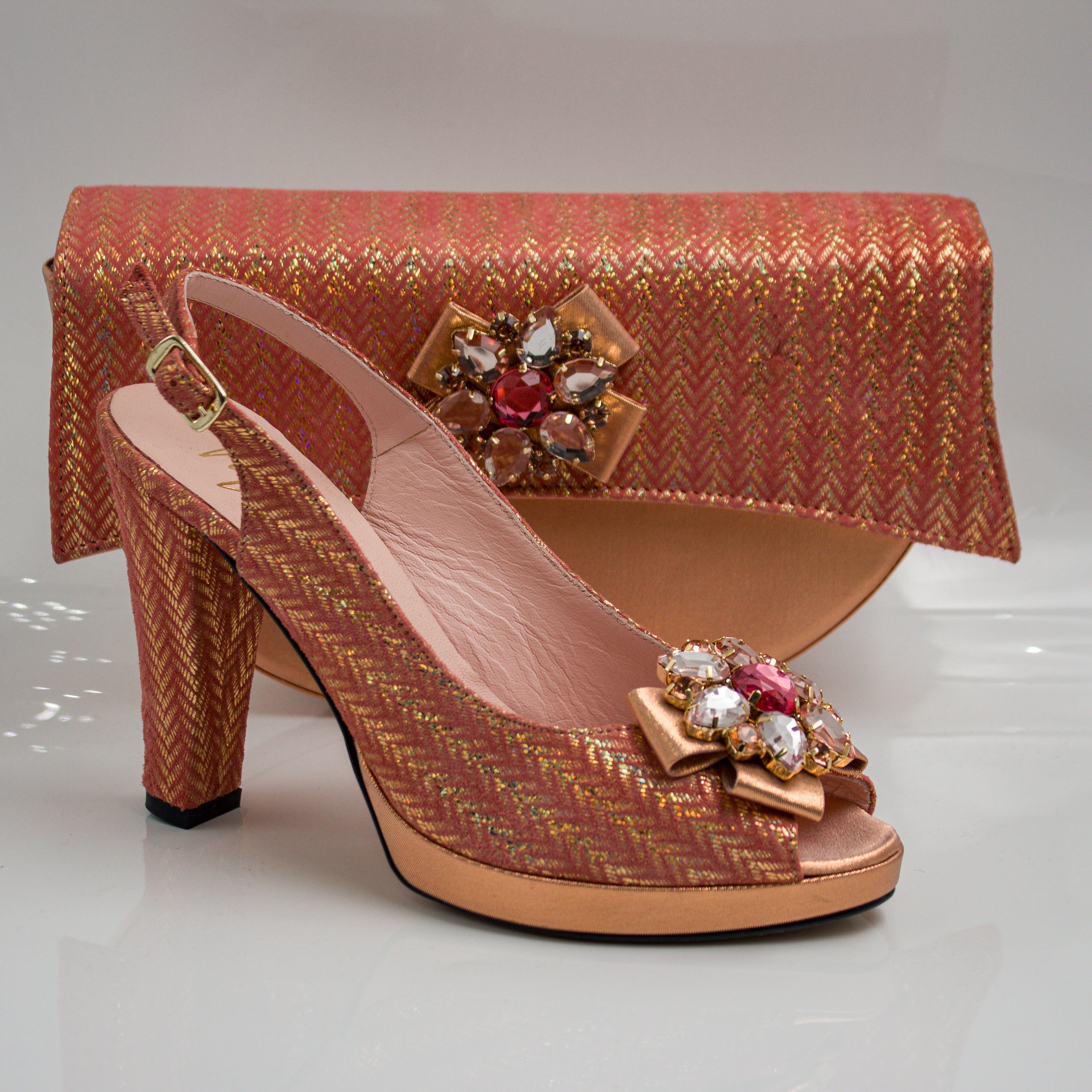 Peach Rose Gold Chevron High Set - Italian Shoe and Bag Set - Classic Shoes London