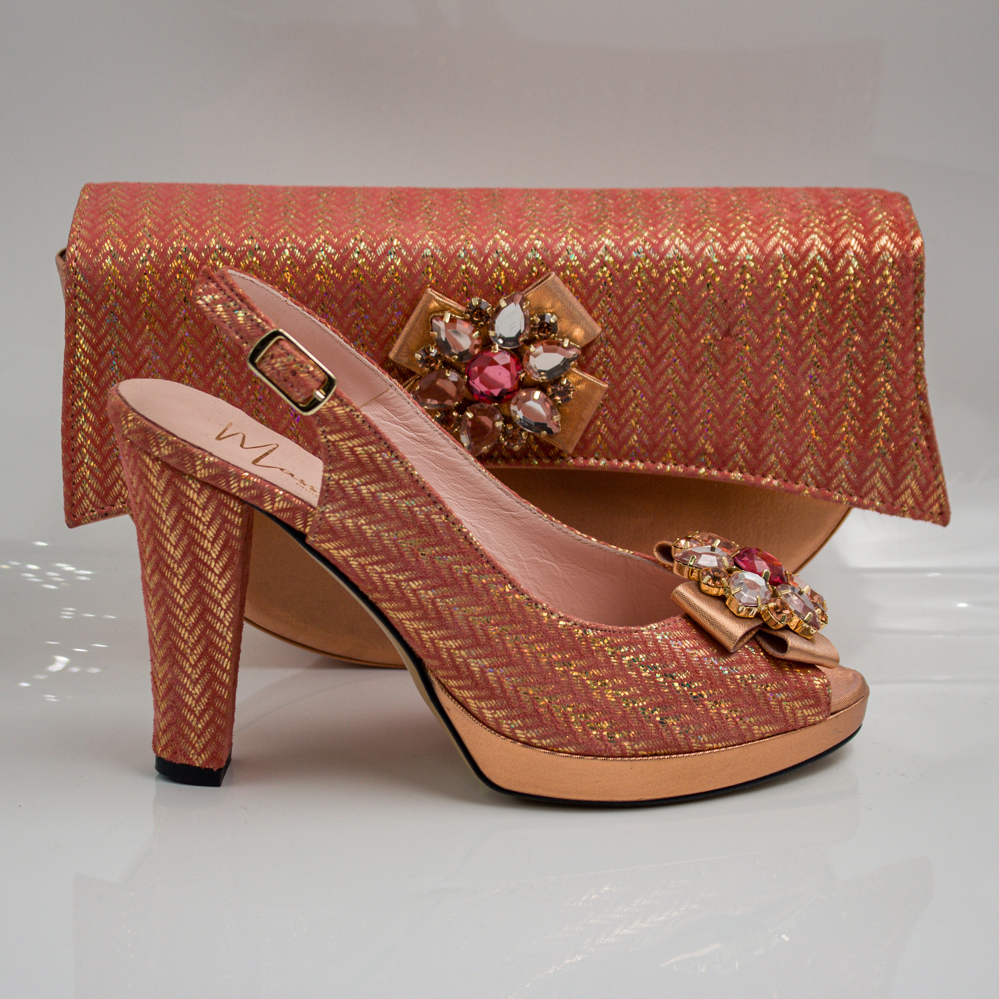 Peach Rose Gold Chevron High Set - Italian Shoe and Bag Set - Classic Shoes London