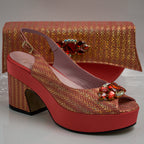 Coral Gold Chevron Wedge Set - Italian Shoe and Bag Set - Classic Shoes London