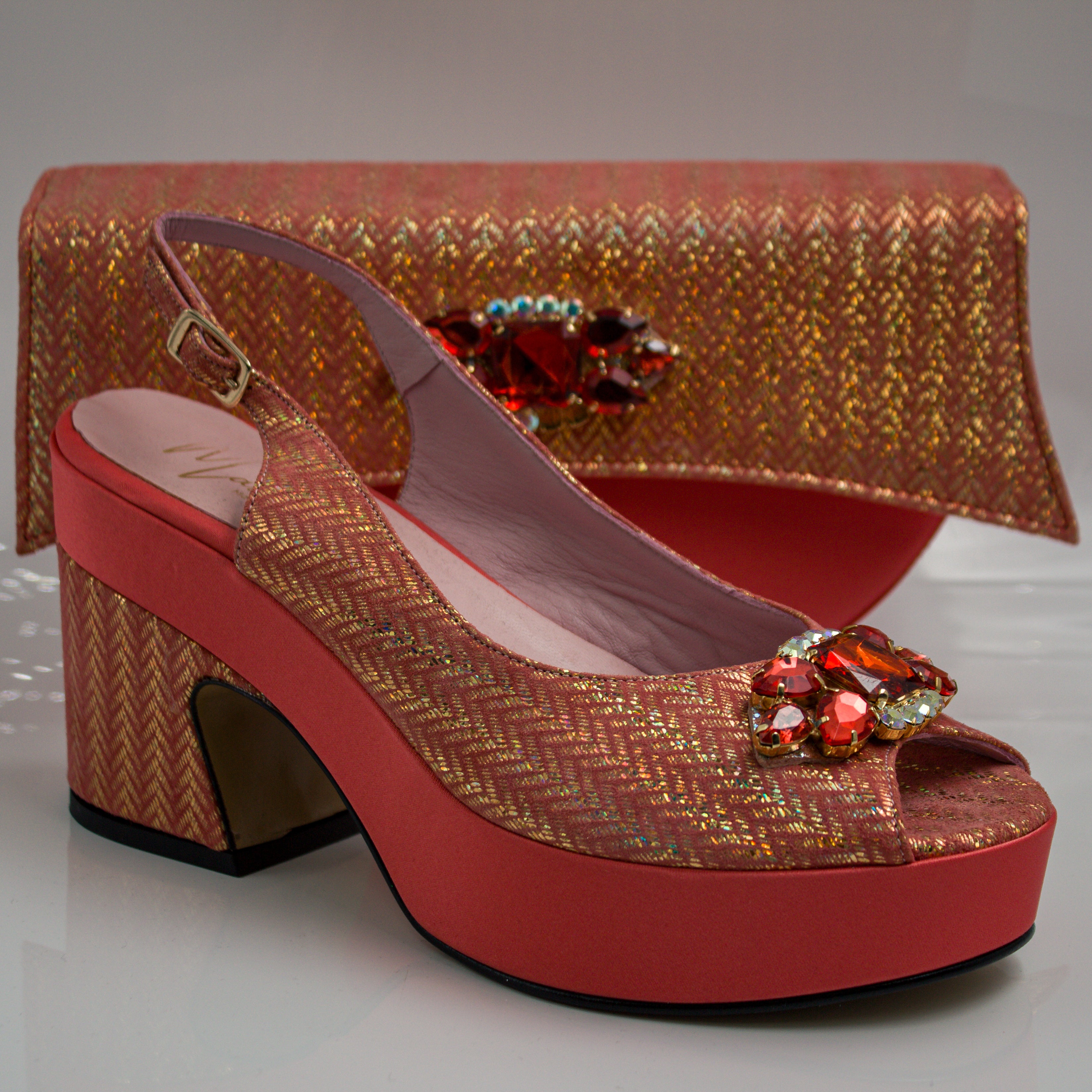 Coral Gold Chevron Wedge Set - Italian Shoe and Bag Set - Classic Shoes London