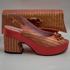 Coral Gold Chevron Wedge Set - Italian Shoe and Bag Set - Classic Shoes London