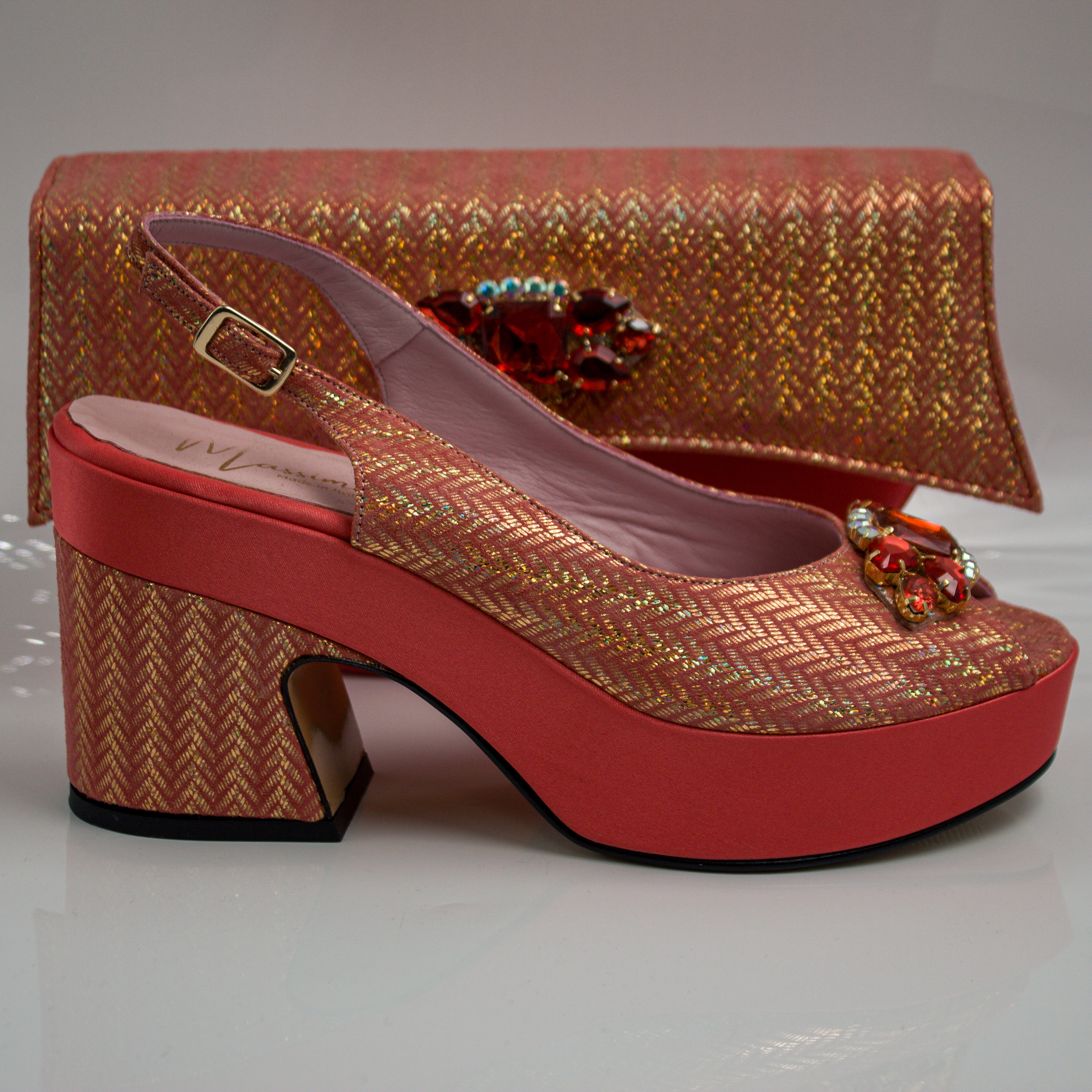 Coral Gold Chevron Wedge Set - Italian Shoe and Bag Set - Classic Shoes London