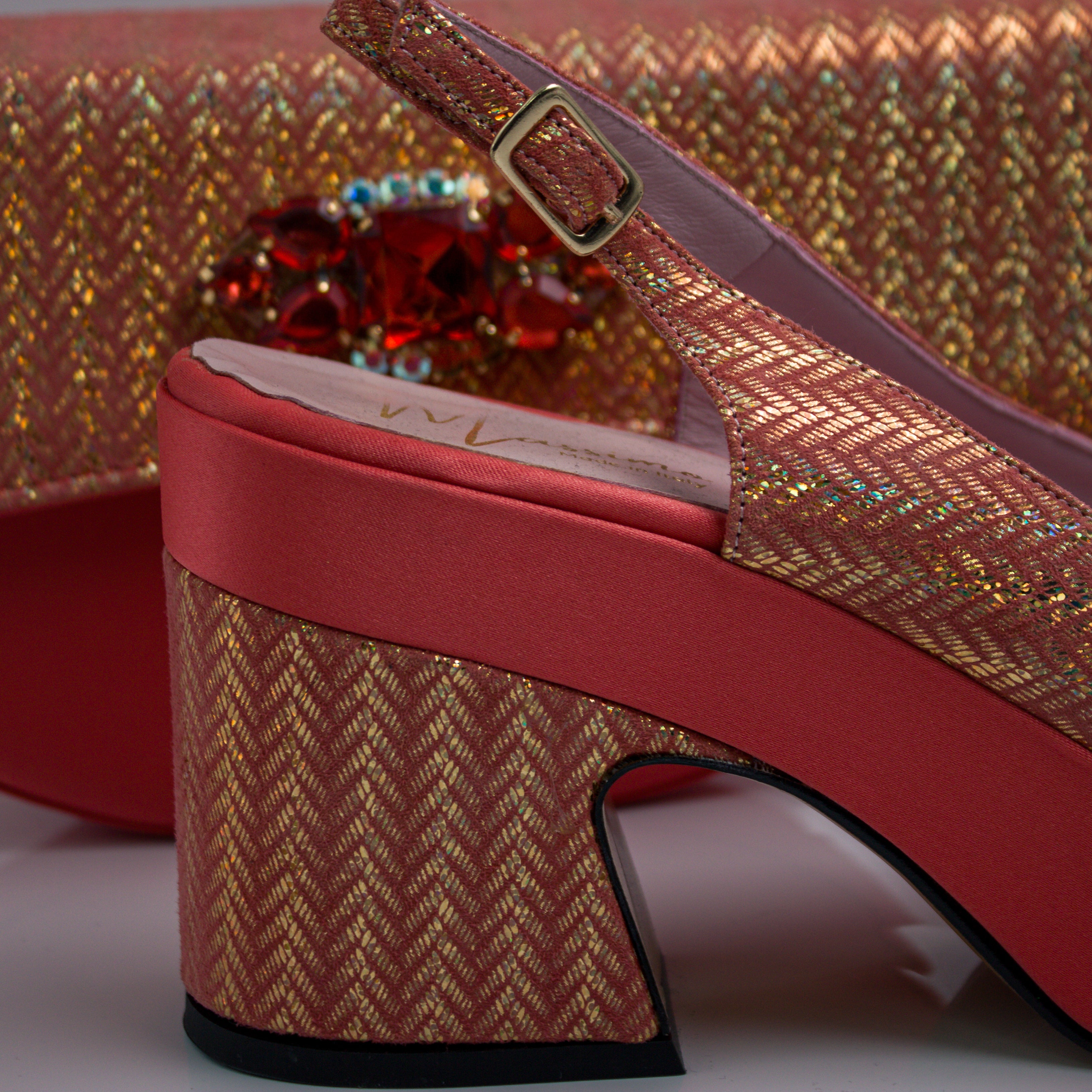 Coral Gold Chevron Wedge Set - Italian Shoe and Bag Set - Classic Shoes London