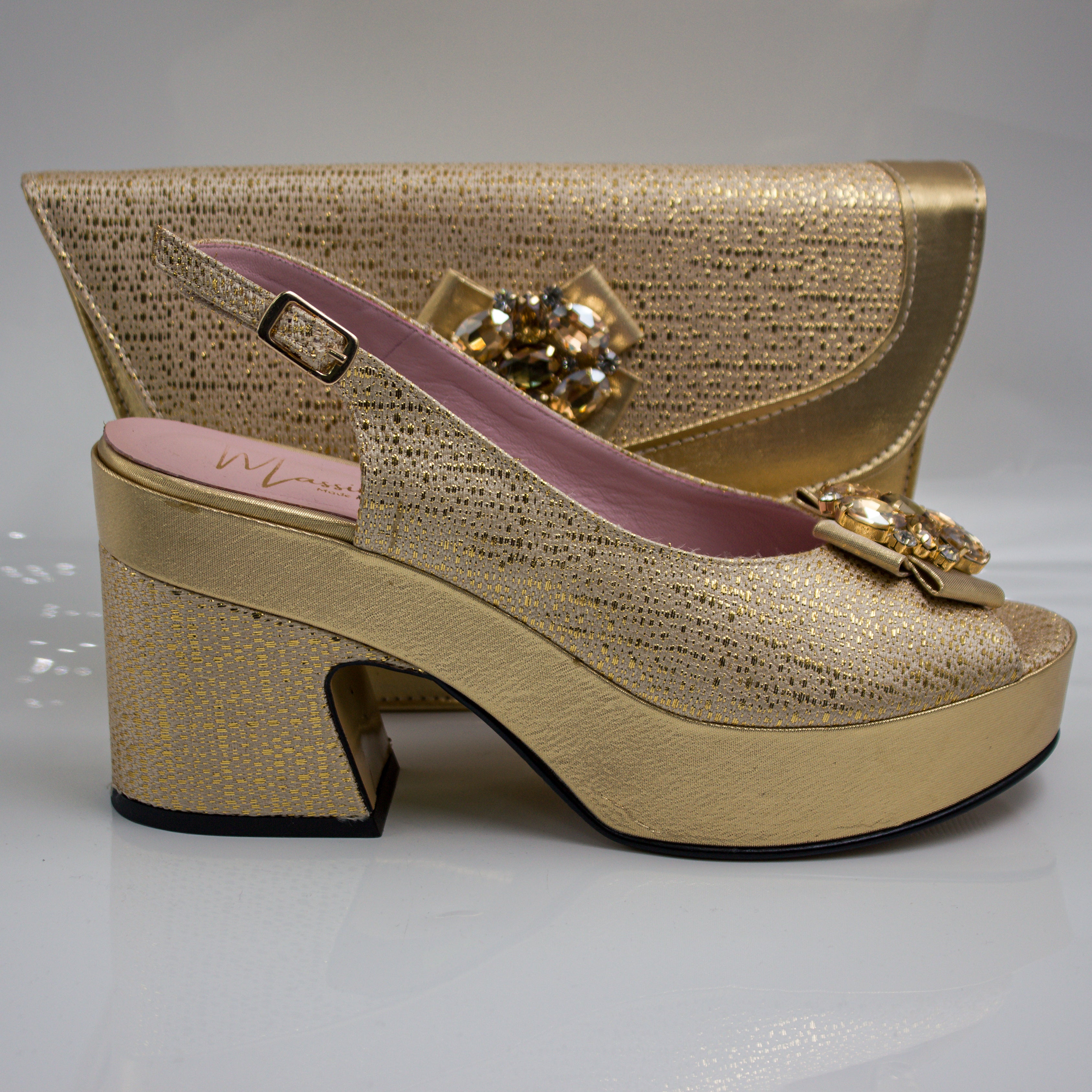 Gold Weave Wedge Set - Italian Shoe and Bag Set - Classic Shoes London