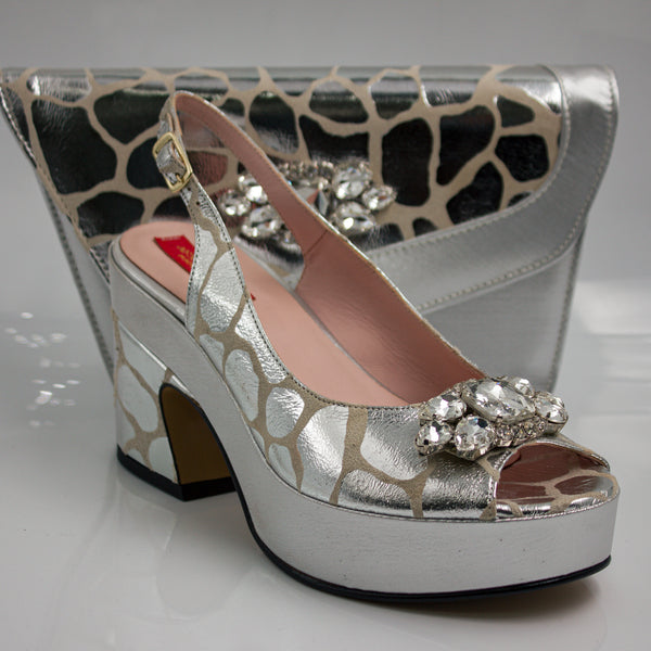 Silver Webbed Wedge Set - Italian Shoe and Bag Set - Classic Shoes London