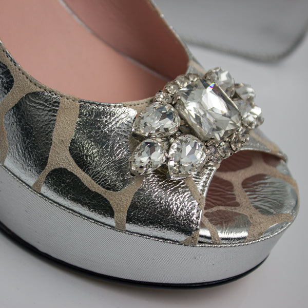 Silver Webbed Wedge Set - Italian Shoe and Bag Set - Classic Shoes London