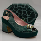 Emerald Green Webbed Wedge Set - Italian Shoe and Bag Set - Classic Shoes London