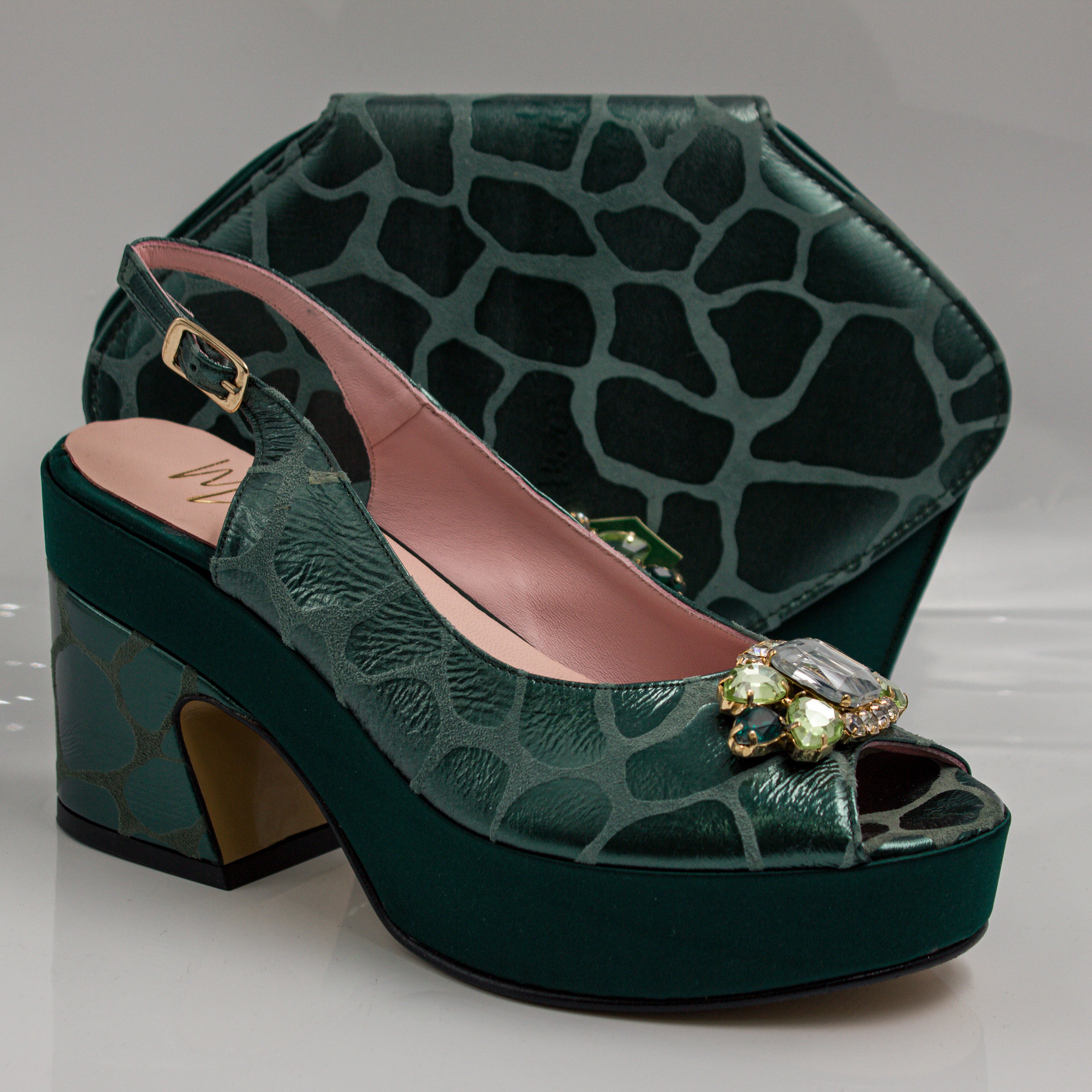Emerald Green Webbed Wedge Set - Italian Shoe and Bag Set - Classic Shoes London