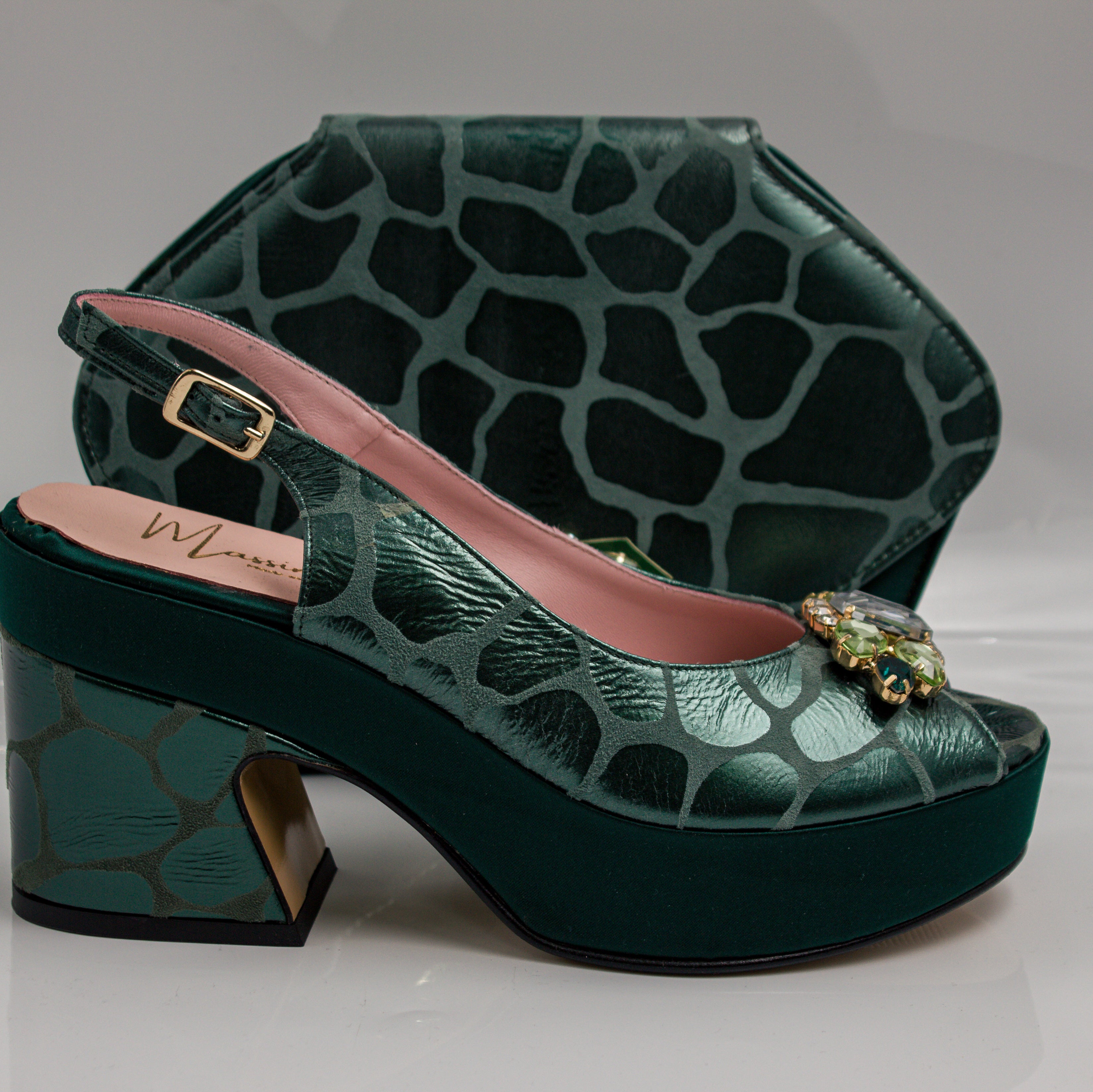 Emerald Green Webbed Wedge Set - Italian Shoe and Bag Set - Classic Shoes London