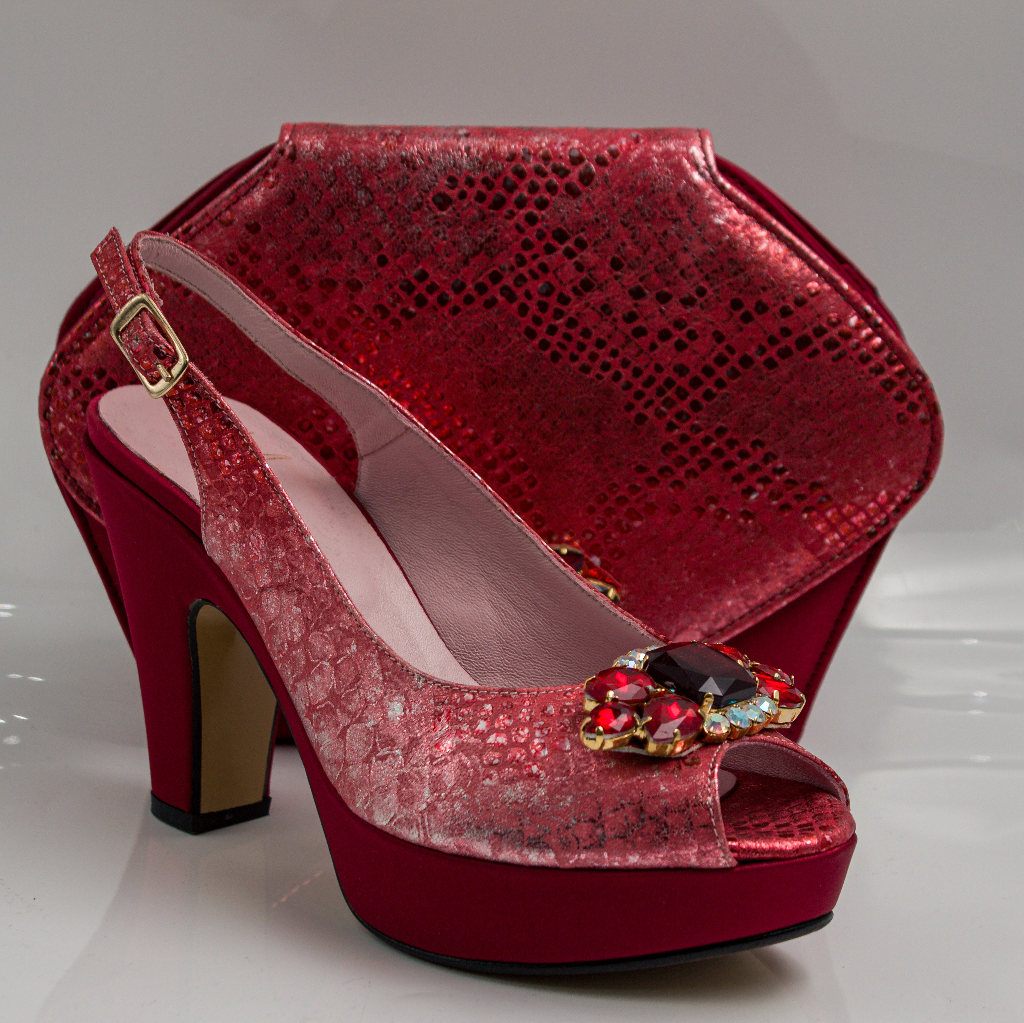 Wine Scaled Wedge Set - Italian Shoe and Bag Set - Classic Shoes London