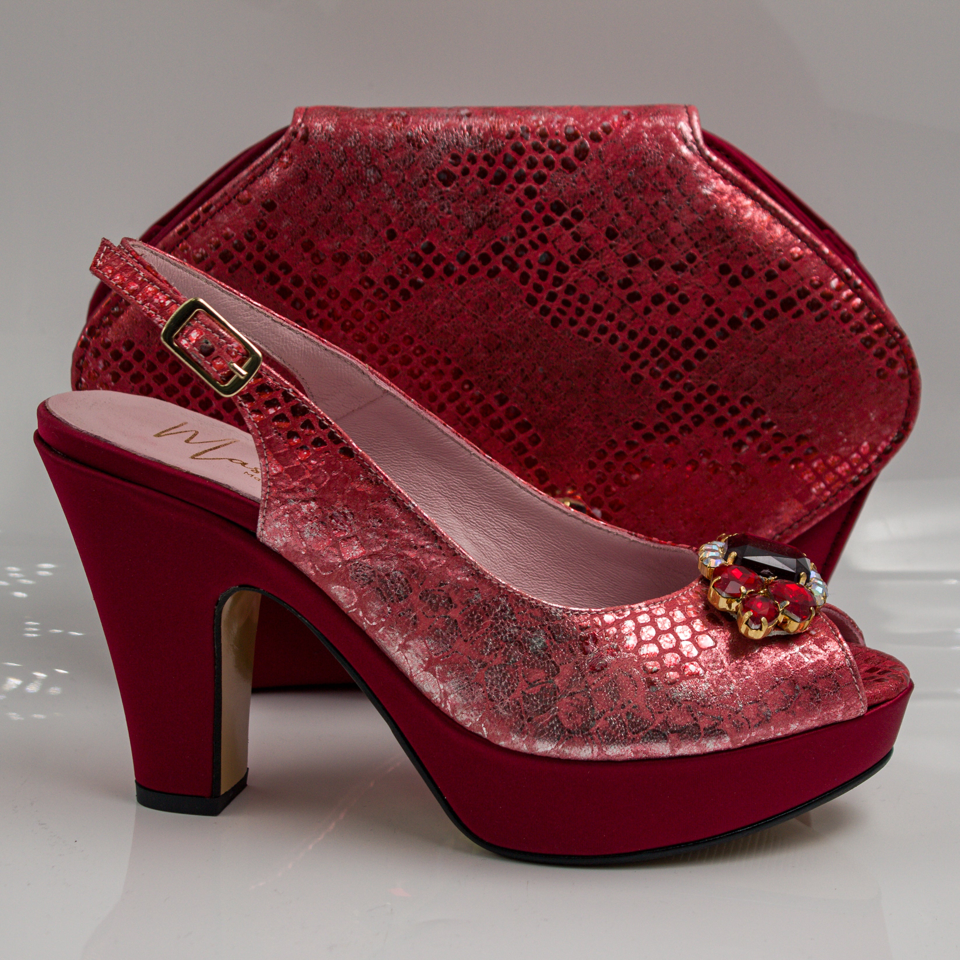 Wine Scaled Wedge Set - Italian Shoe and Bag Set - Classic Shoes London