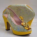Yellow Shimmer Wedge Set - Italian Shoe and Bag Set - Classic Shoes London