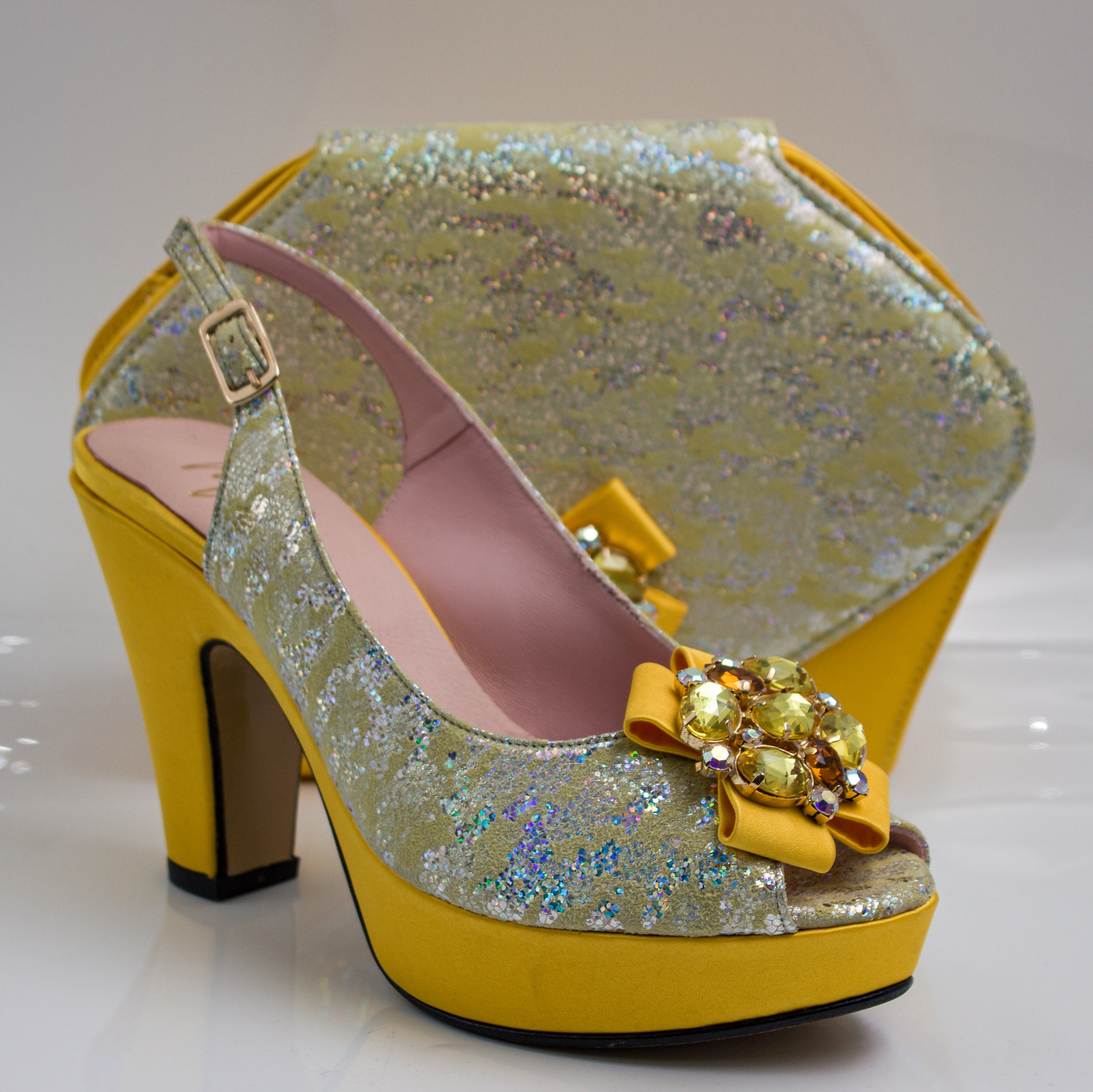 Yellow Shimmer Wedge Set - Italian Shoe and Bag Set - Classic Shoes London