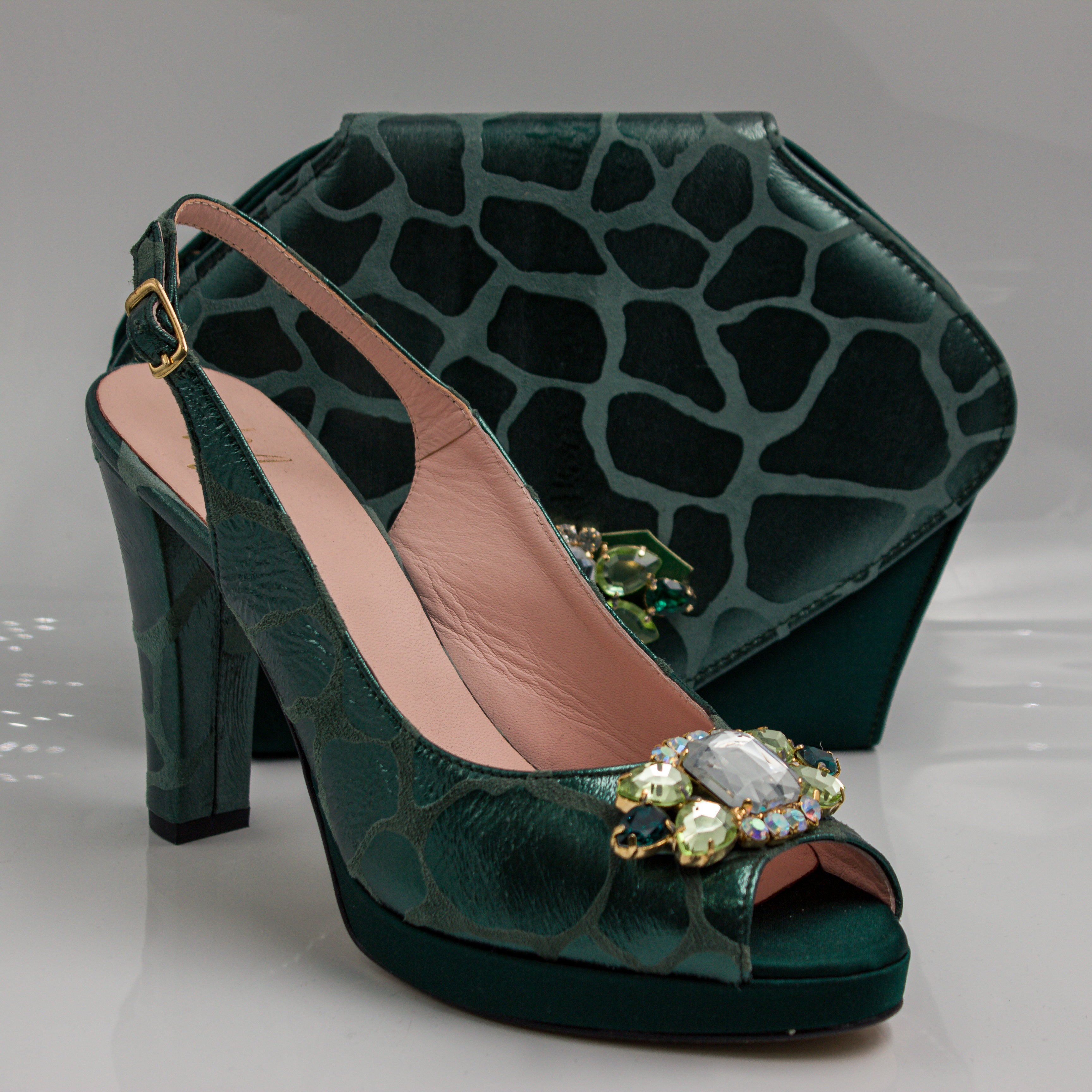 Emerald Green Webbed High Set - Italian Shoe and Bag Set - Classic Shoes London