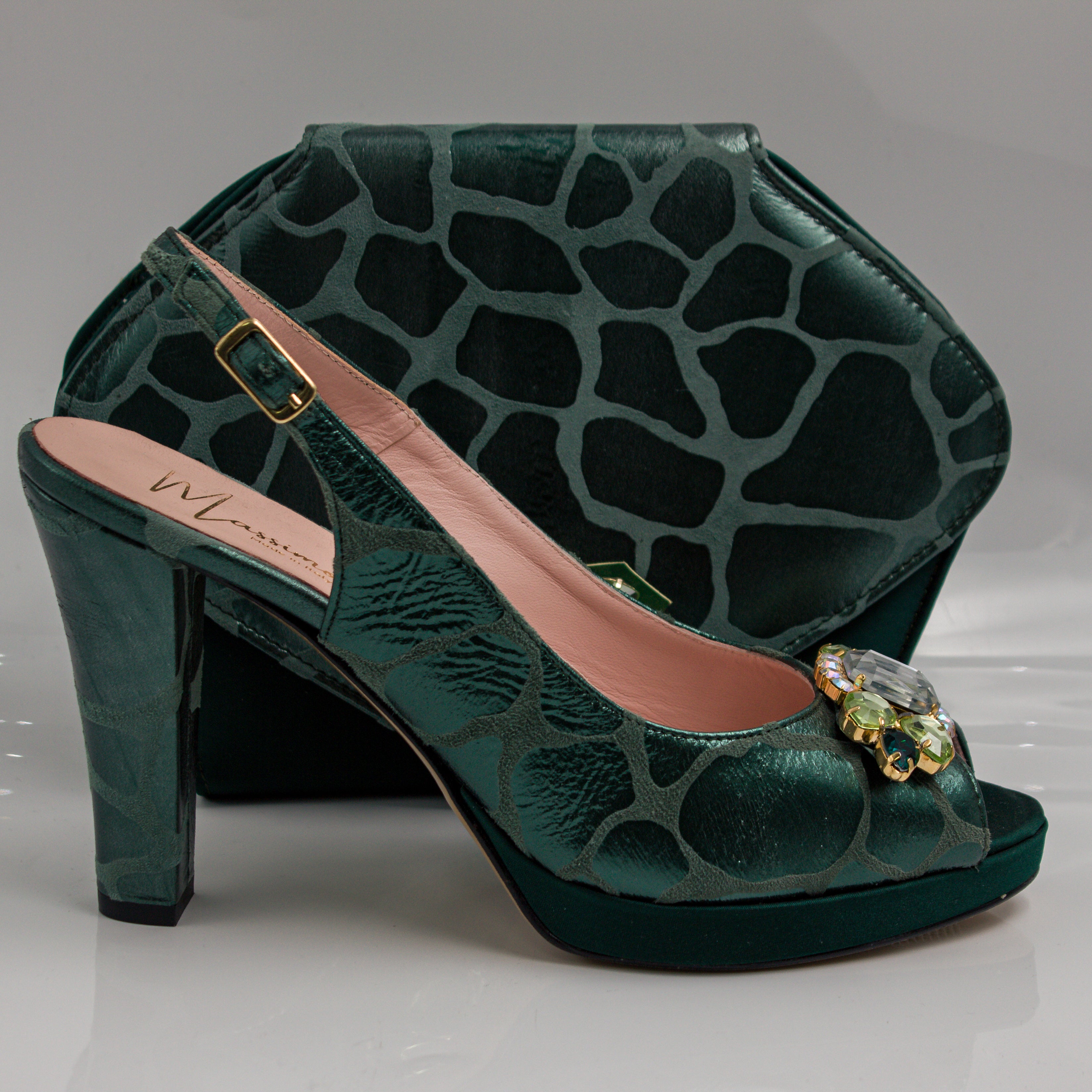 Emerald Green Webbed High Set - Italian Shoe and Bag Set - Classic Shoes London