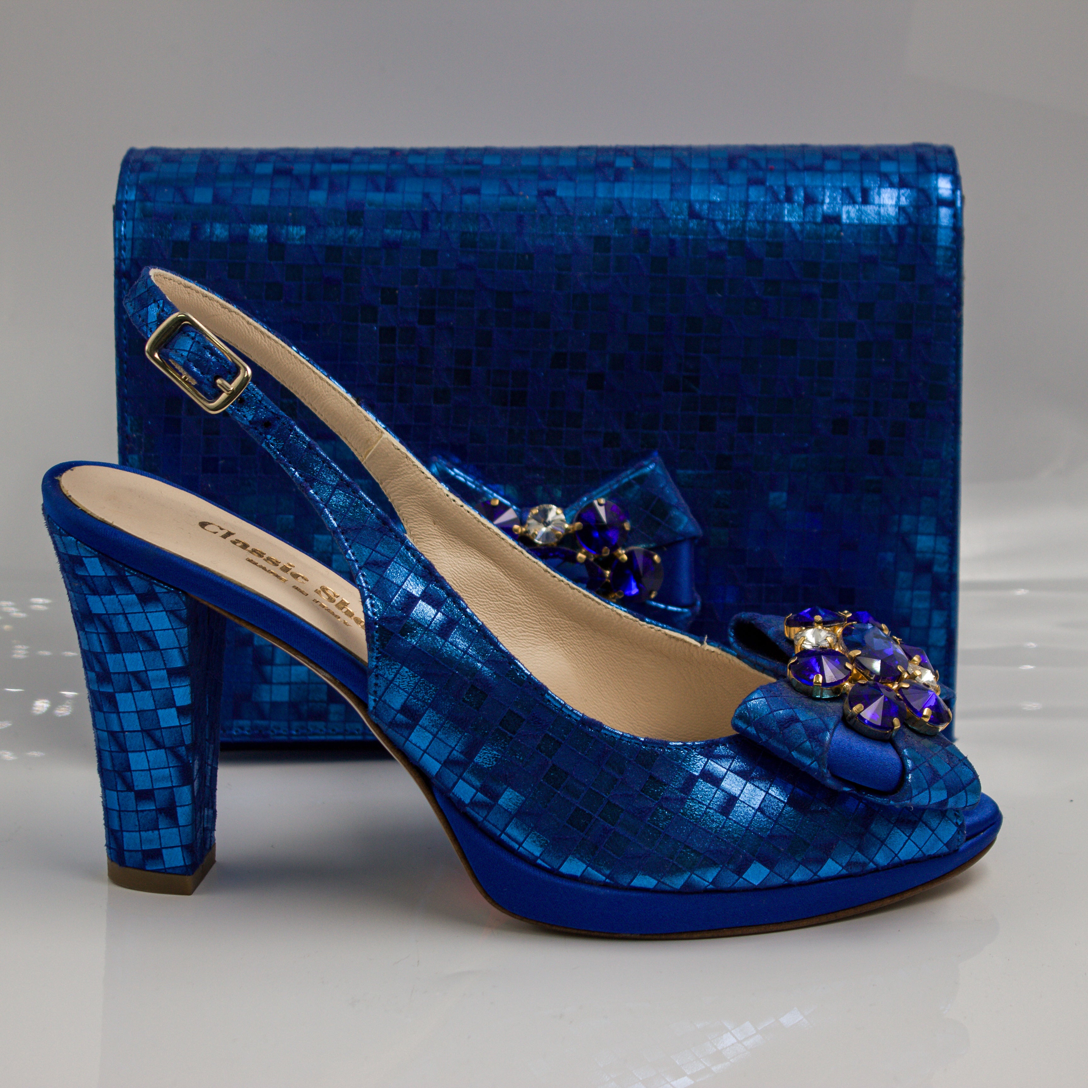 Royal Blue Checkered High Set - Italian Shoe and Bag Set - Classic Shoes London
