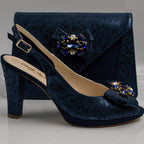 Navy Blue Checkered High Set - Italian Shoe and Bag Set - Classic Shoes London
