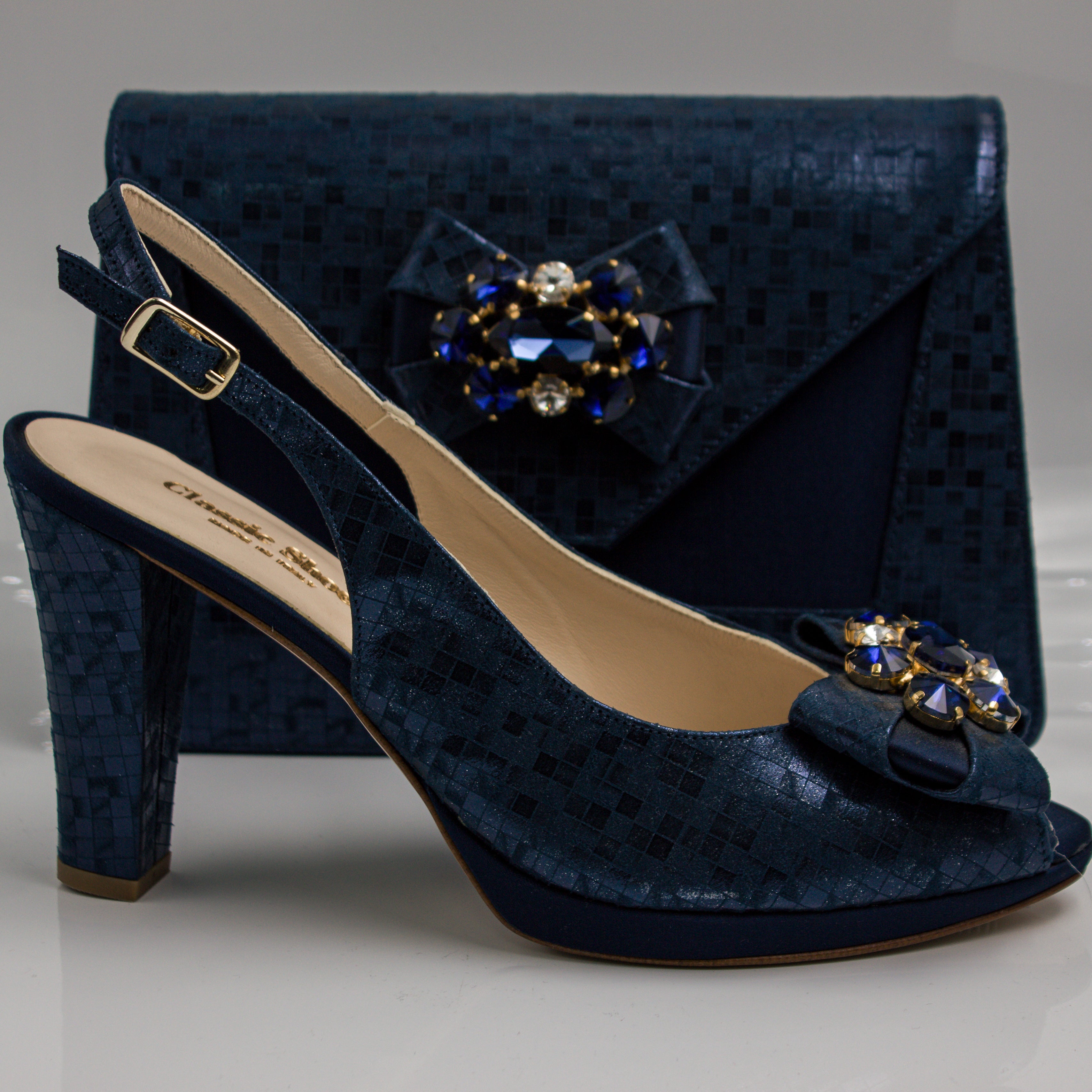 Navy Blue Checkered High Set - Italian Shoe and Bag Set - Classic Shoes London