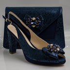 Navy Blue Checkered High Set - Italian Shoe and Bag Set - Classic Shoes London