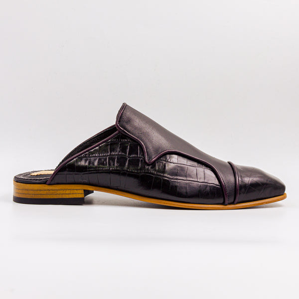 Black/Burgundy Piping Ashcombe Croc-Panel Half Shoes