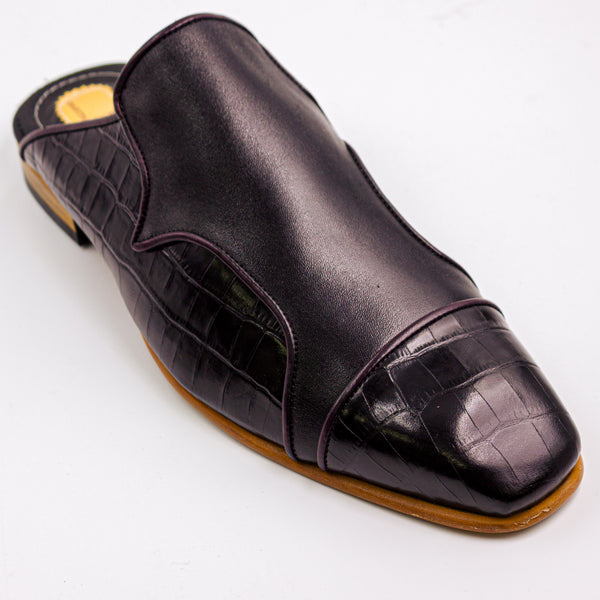 Black/Burgundy Piping Ashcombe Croc-Panel Half Shoes