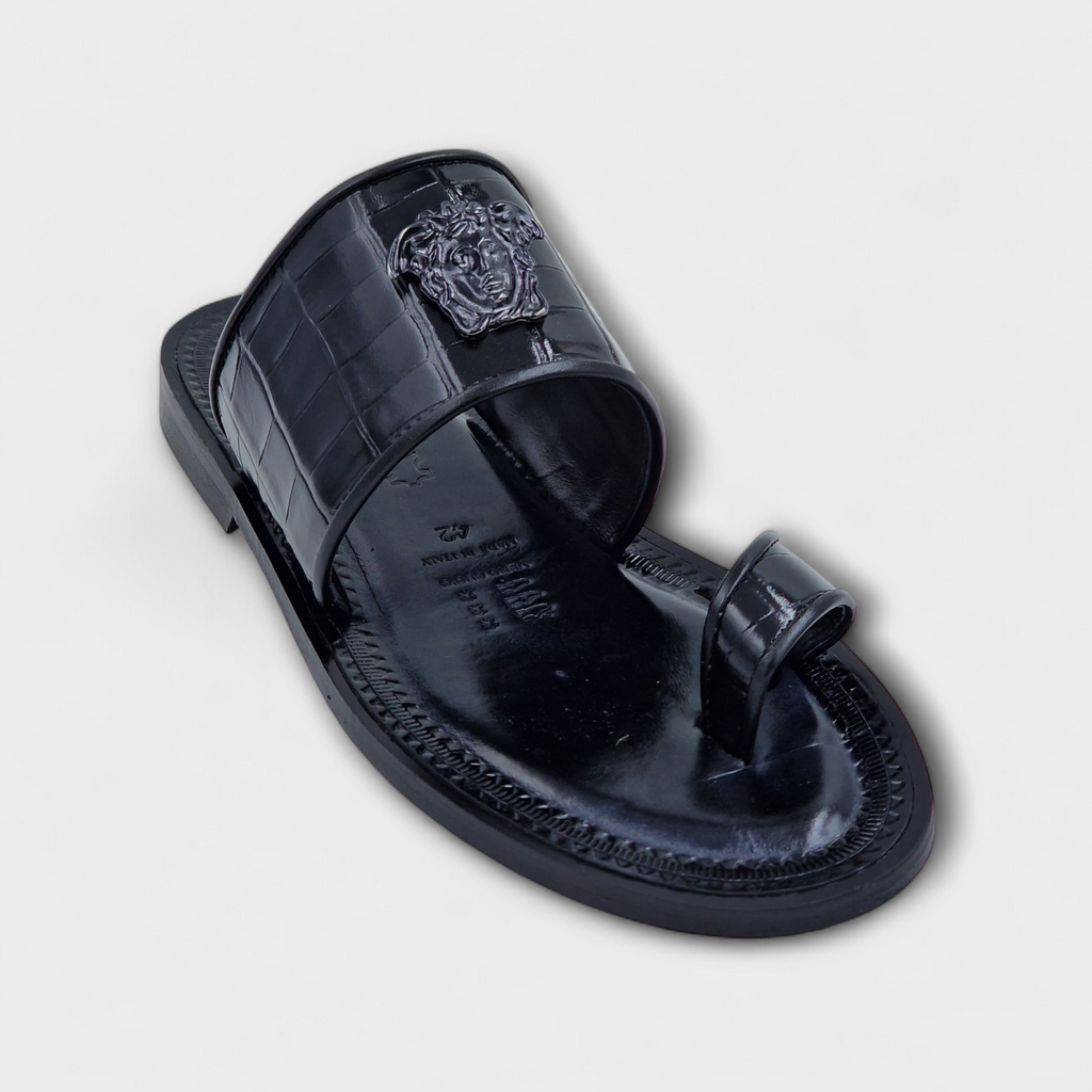 Black Venezia Medusa Croc Toe-Post Slipper