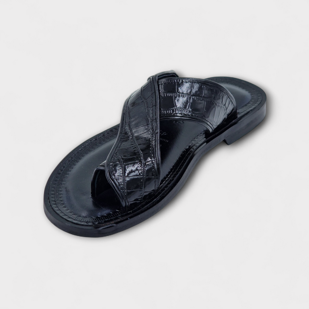 Black Venezia Croc Toe-Post Slipper