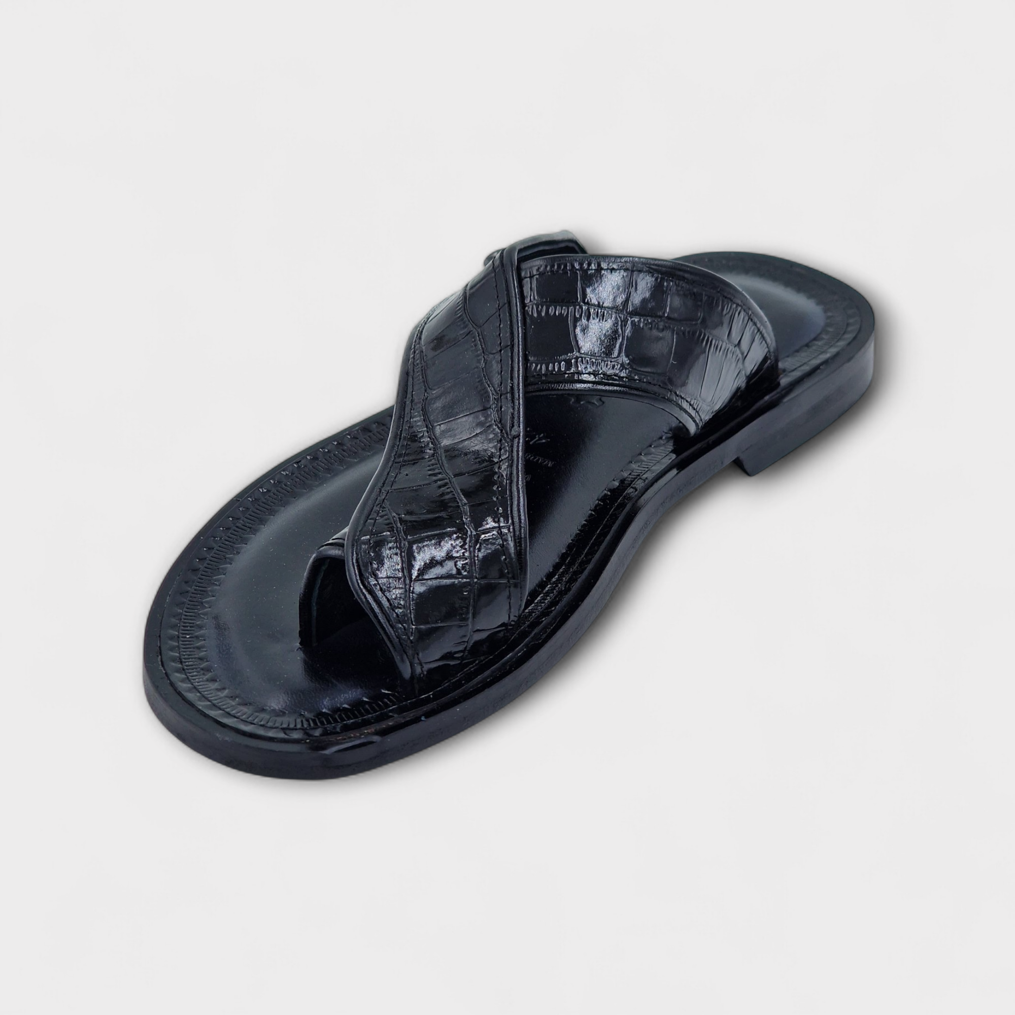 Black Venezia Croc Toe-Post Slipper