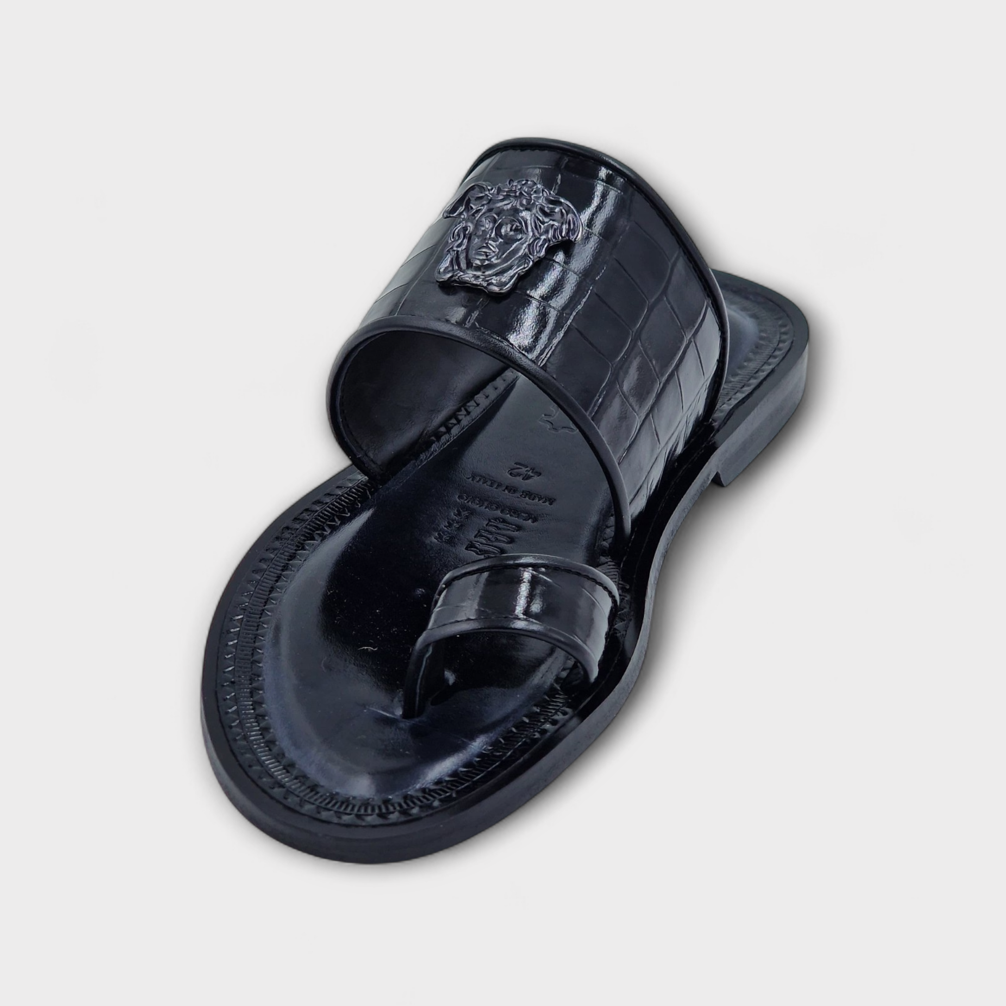 Black Venezia Medusa Croc Toe-Post Slipper