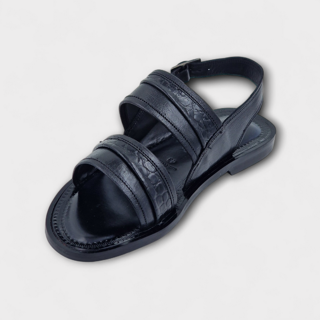 Black Capri Embossed Multi-Strap Sandals