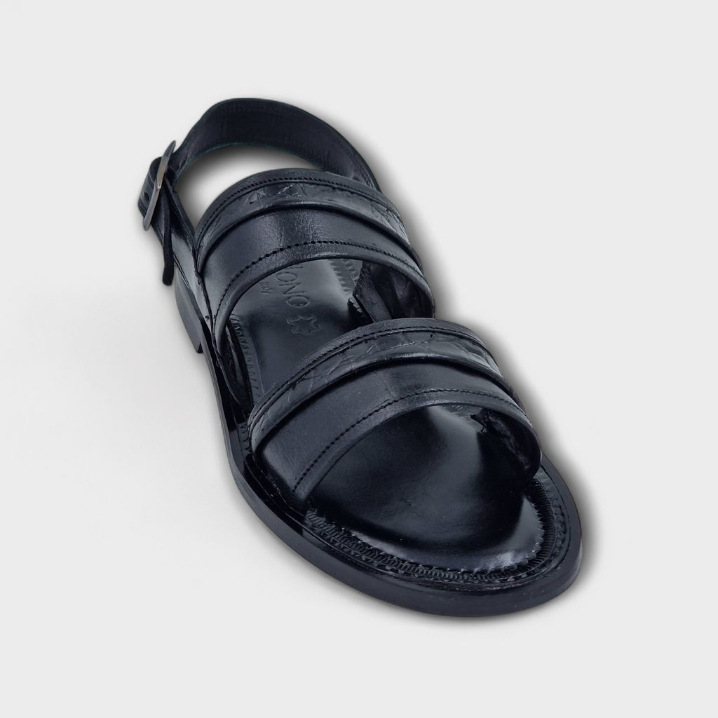 Black Capri Embossed Multi-Strap Sandals