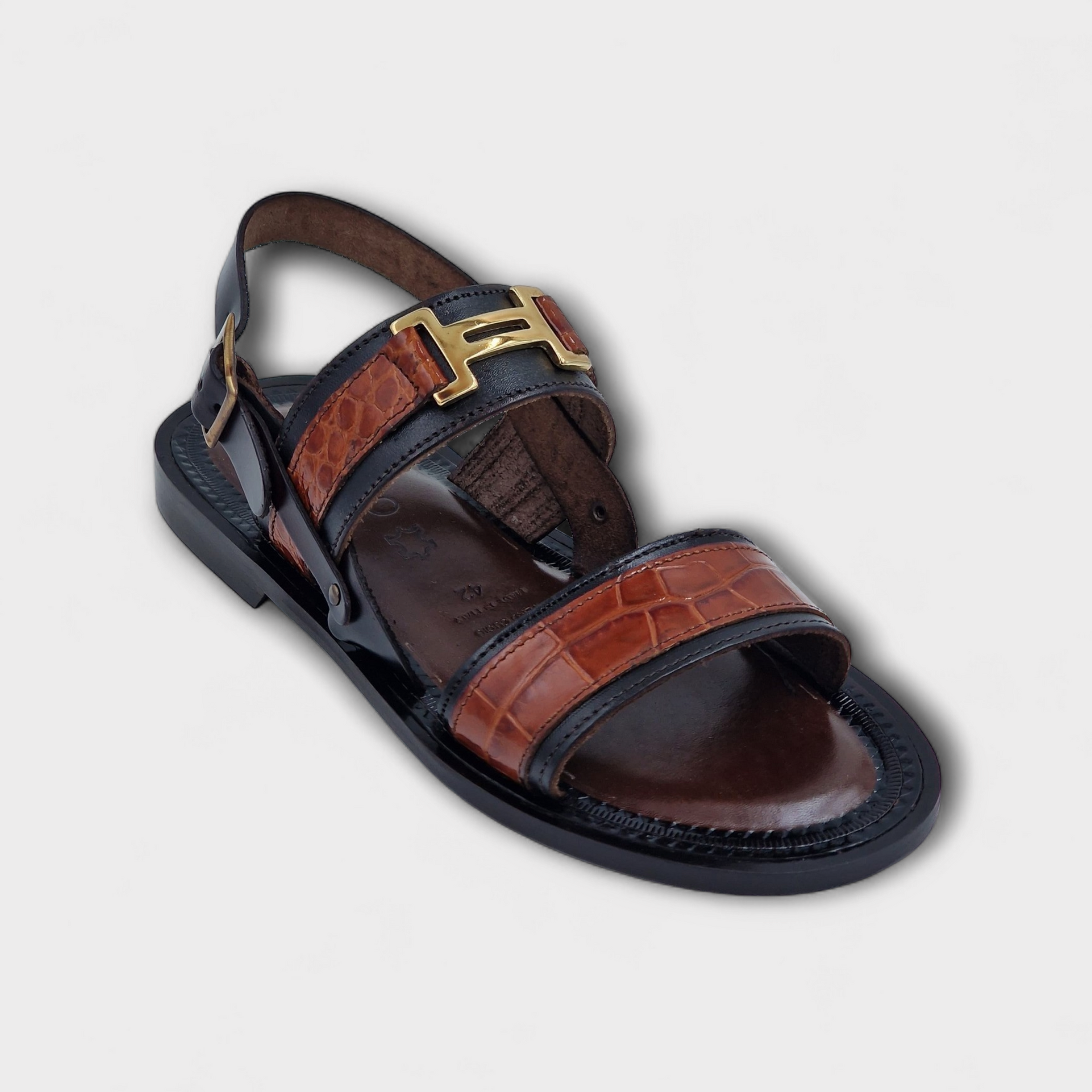 Italian Black & Brown Imperia H-Buckle Sandal - Dress Slippers | Black