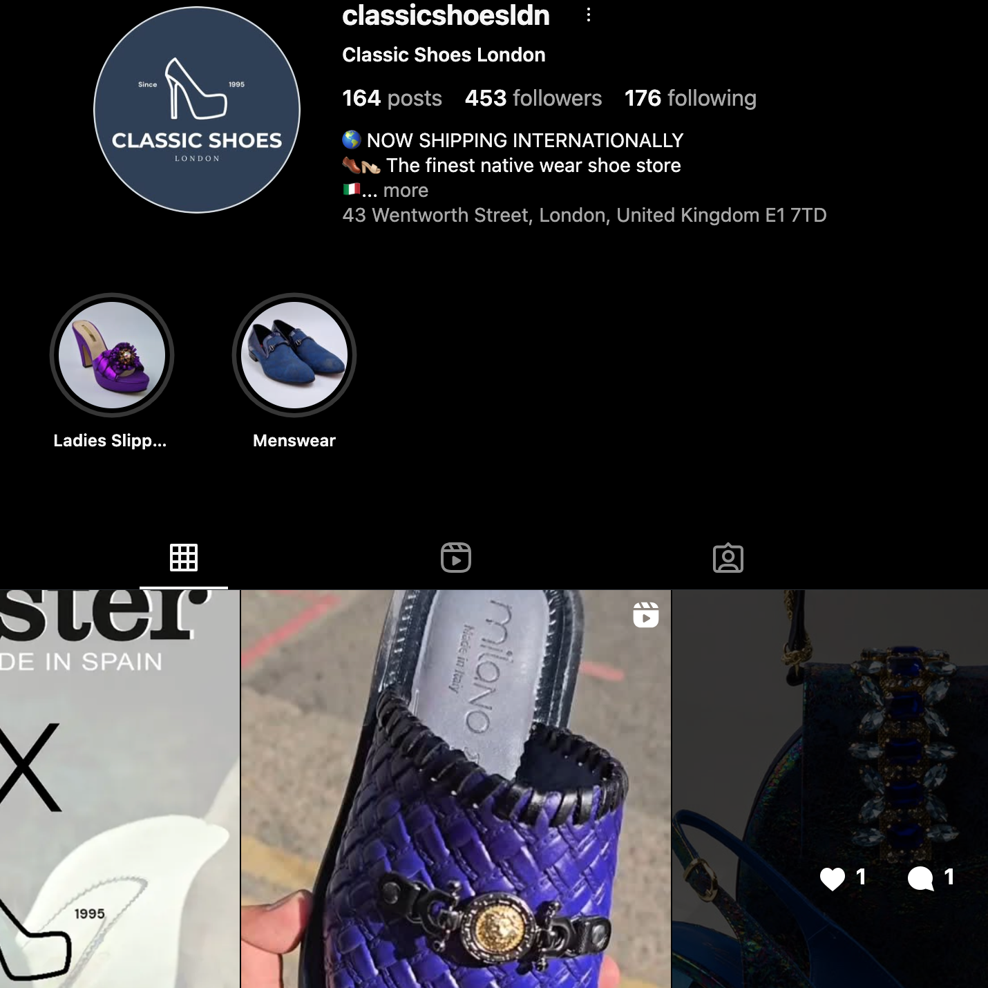 Instagram profile of a shoe store with images of shoes displayed below.