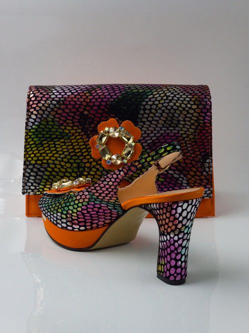 Orange Multi Flower Double Platform Heels - Italian Women's Heels - Classic Shoes London