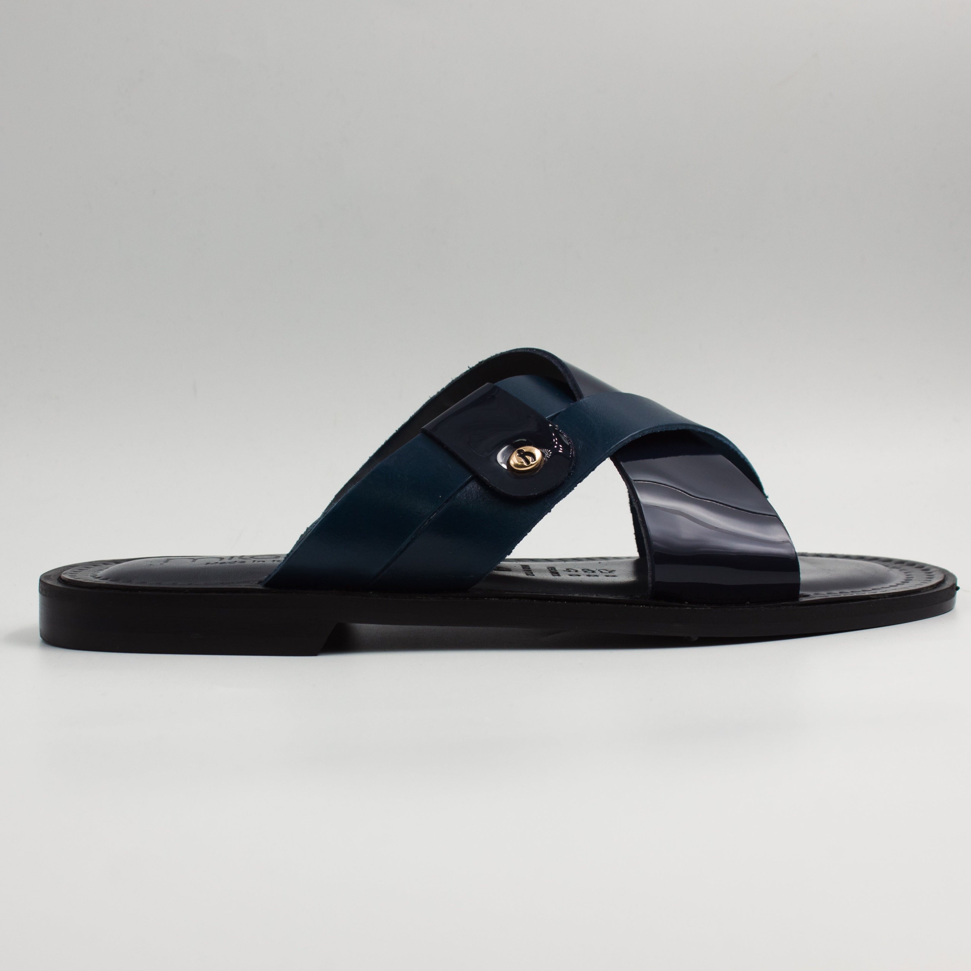 Navy Patent Cross Strap Slide