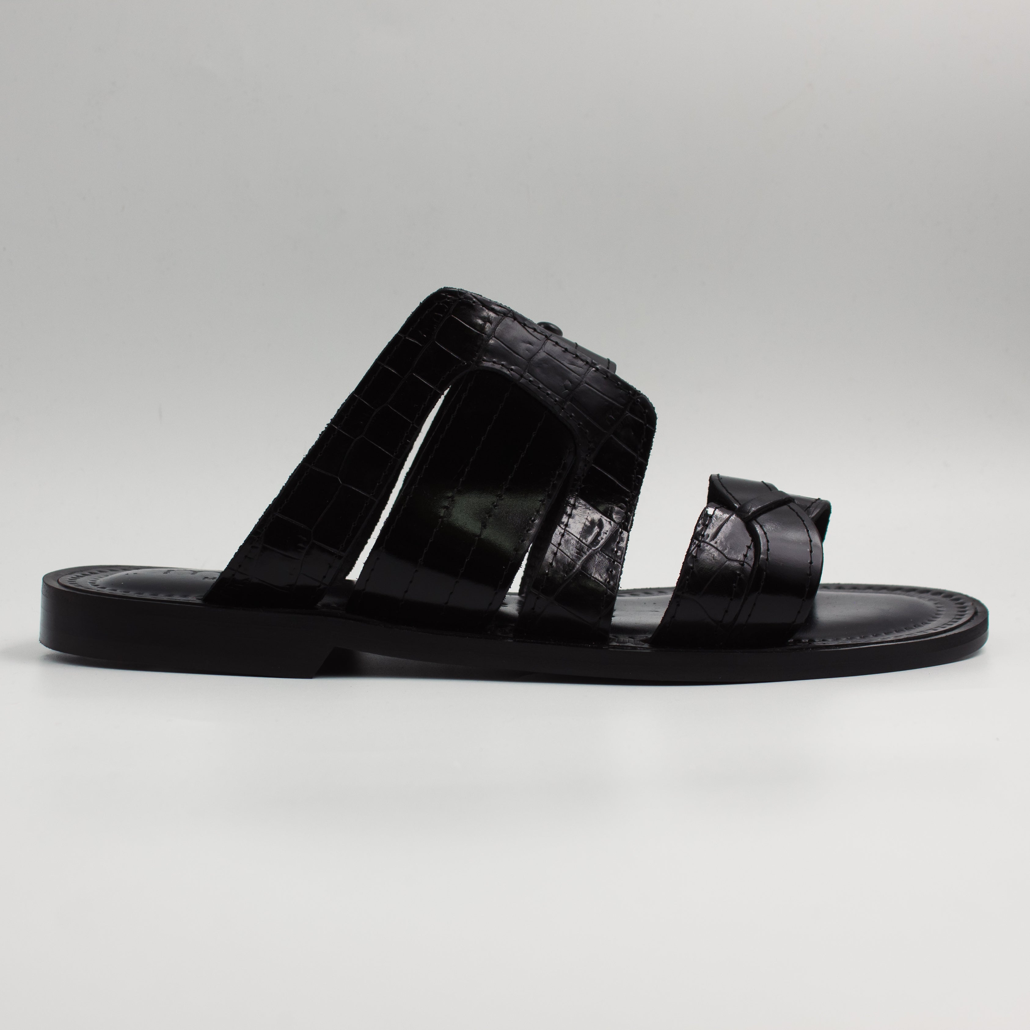 Black Croc Print Double Band Slide