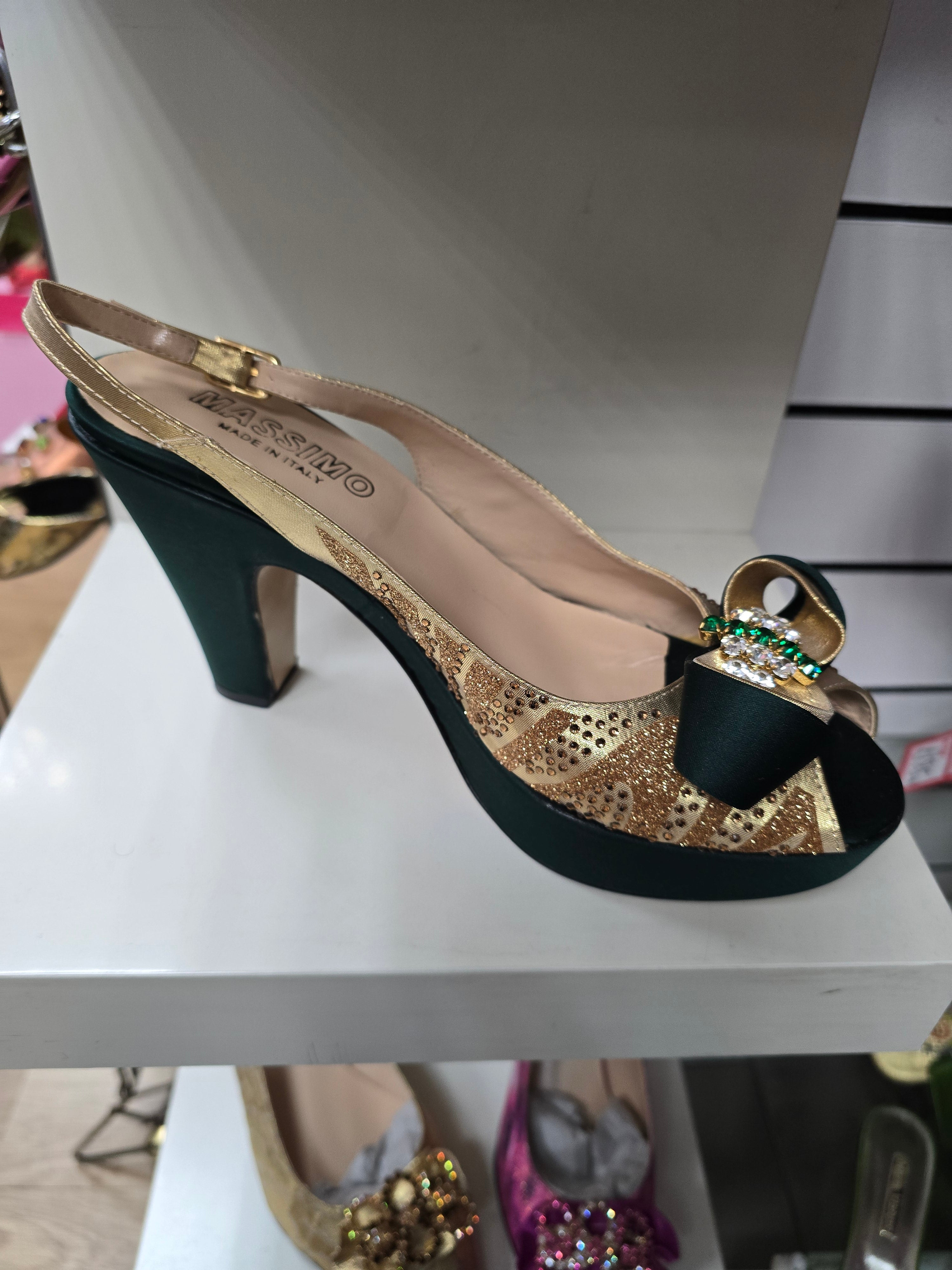 Gold Emerald Green Glittered Set - Italian Shoe and Bag Set - Classic Shoes London