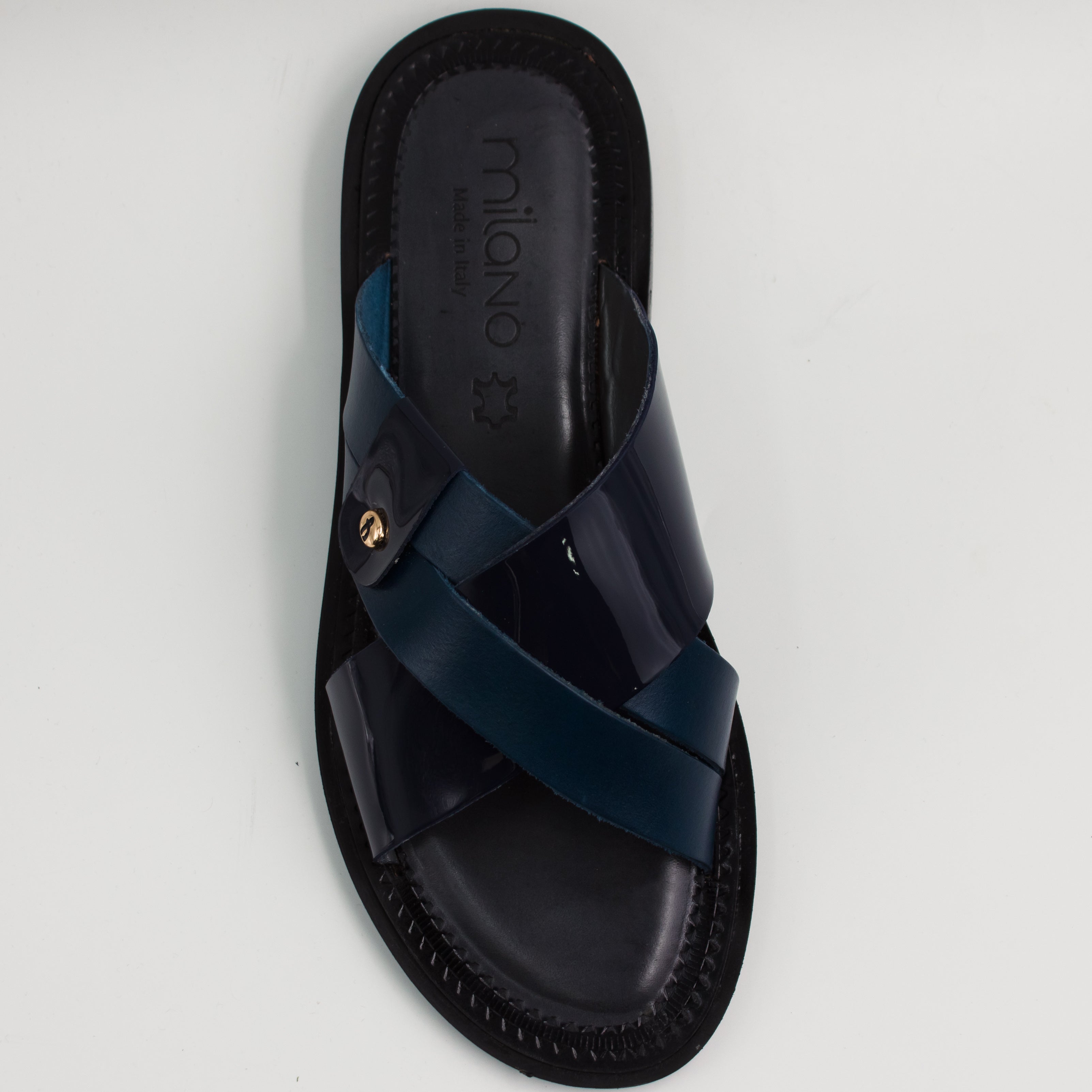 Navy Patent Cross Strap Slide