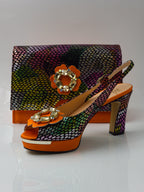Orange Multi Flower Double Platform Heels - Italian Women's Heels - Classic Shoes London