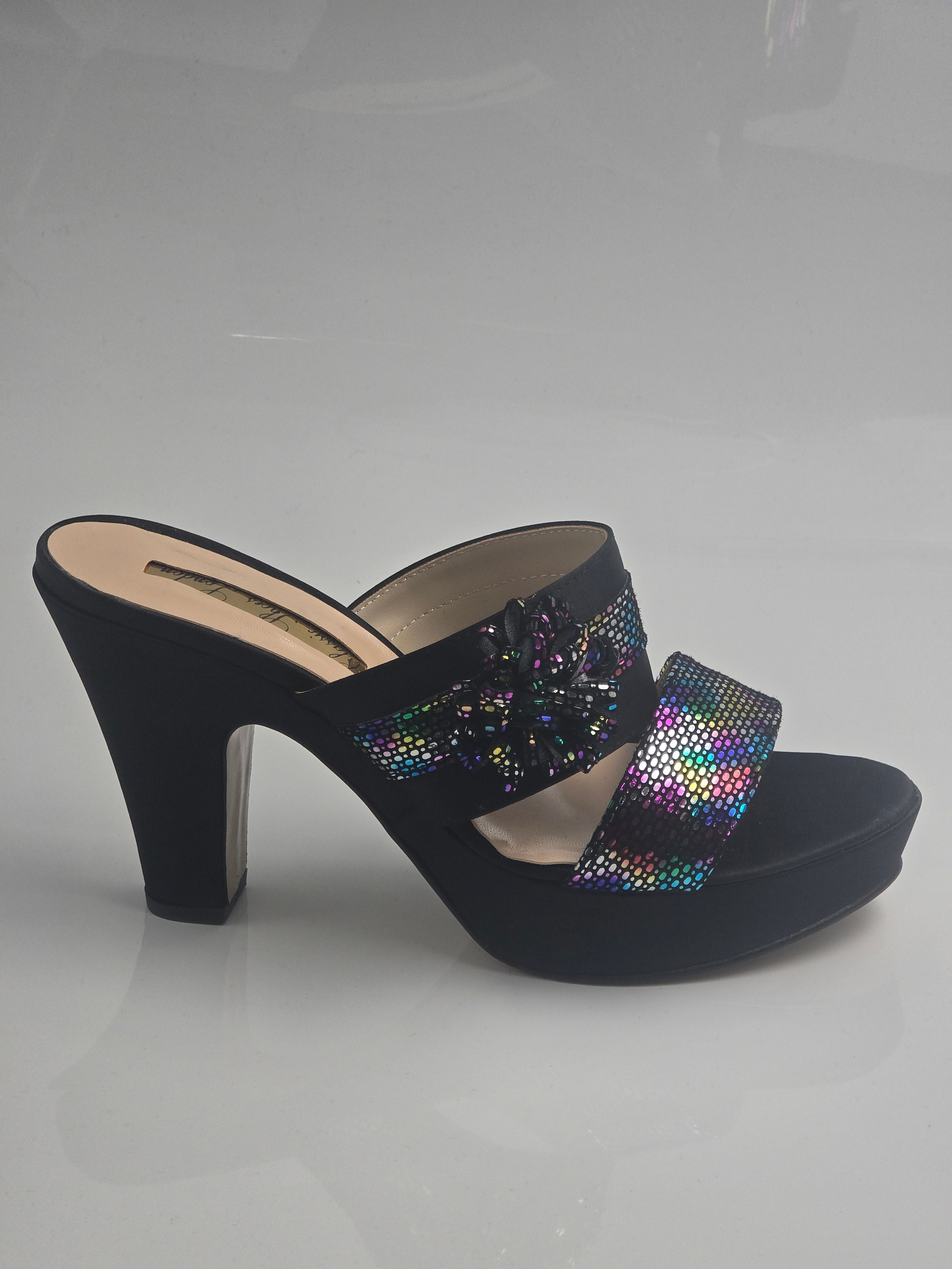 Black/Multi Double Strap Wedge Slippers
