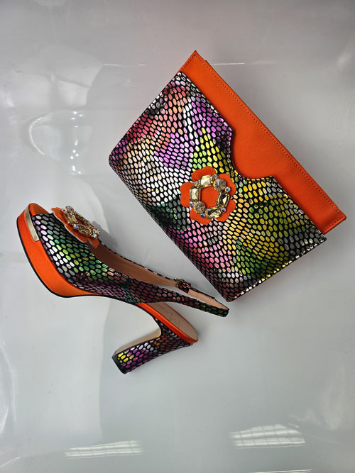 Orange Multi Flower Double Platform Heels - Italian Women's Heels - Classic Shoes London