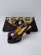 Black Gold Floral Glittered Set - Italian Shoe and Bag Set - Classic Shoes London