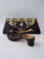 Black Gold Floral Glittered Set - Italian Shoe and Bag Set - Classic Shoes London