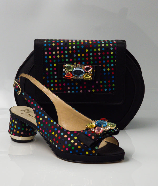 Black Multi Polka Low Set - Italian Shoe and Bag Set - Classic Shoes London