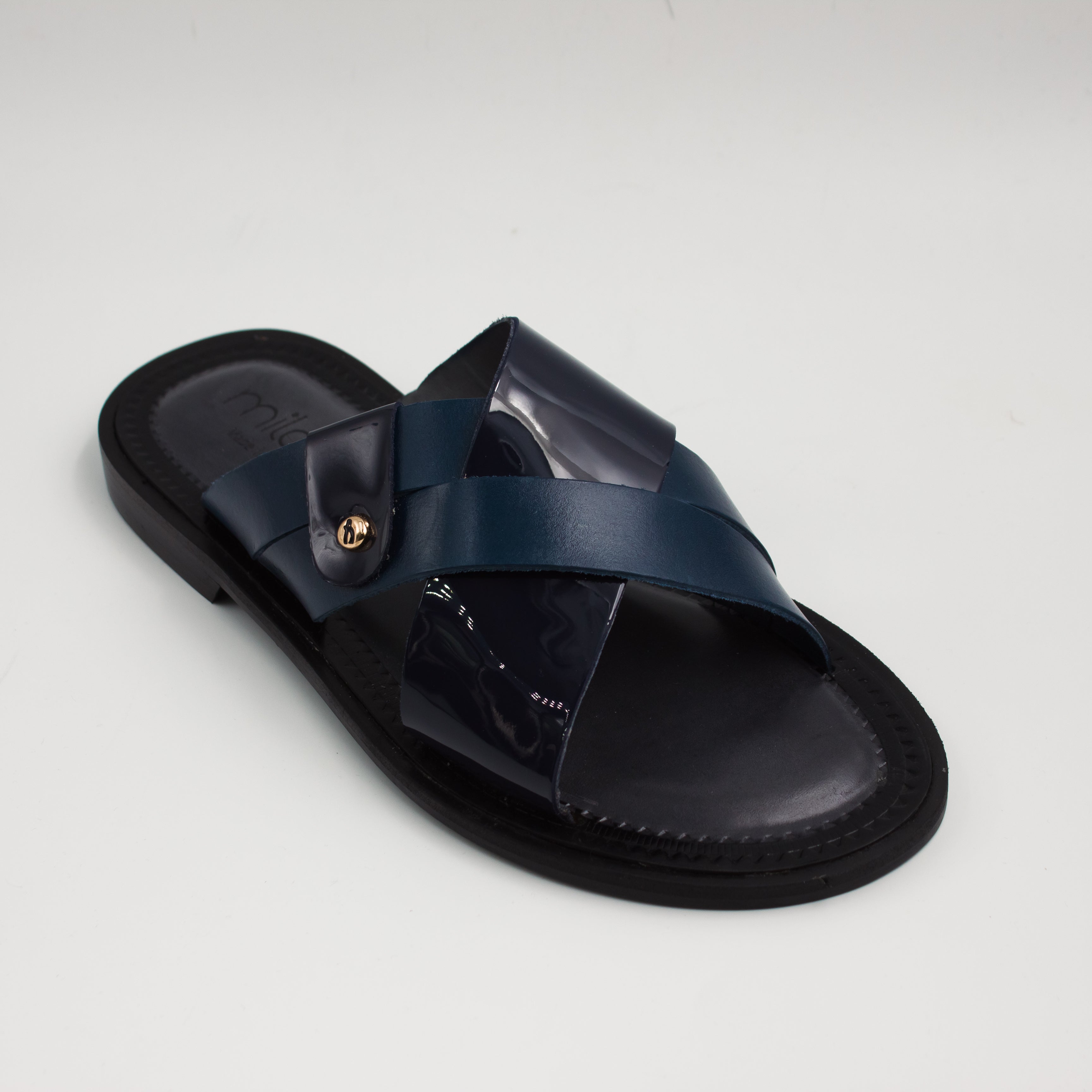 Navy Patent Cross Strap Slide