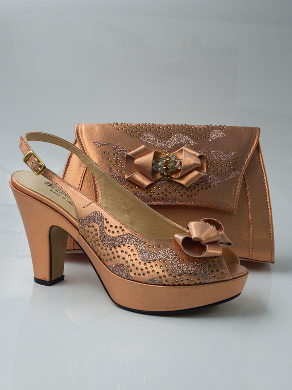 Rose Gold Wave Glittered Set - Italian Shoe and Bag Set - Classic Shoes London