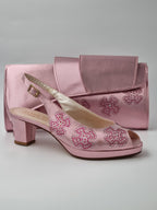 Metallic Baby Pink Flora Low Heels - Italian Women's Heels - Classic Shoes London